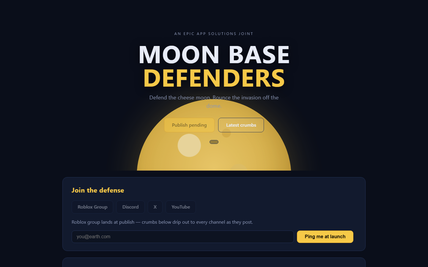 Moon Base Defenders — the Roblox game universe under moonlight