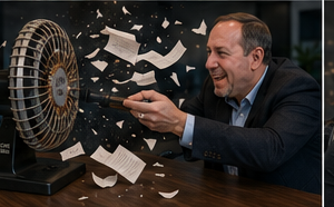 A desk fan launching the paperwork