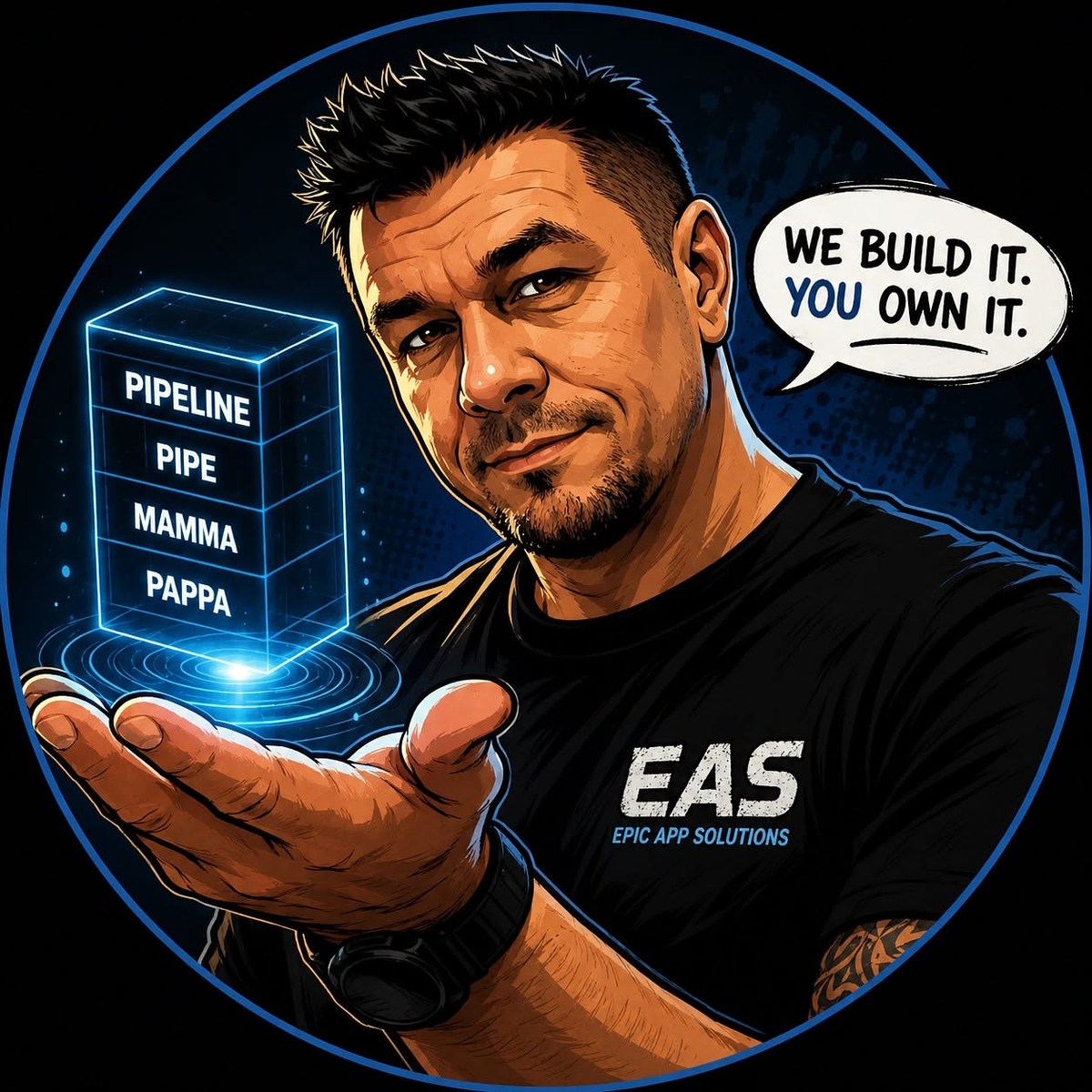 Jade Chancey holding the EAS pipeline stack - Pipeline, Pipe, MAMMA, PAPPA - with the line We build it. You own it.