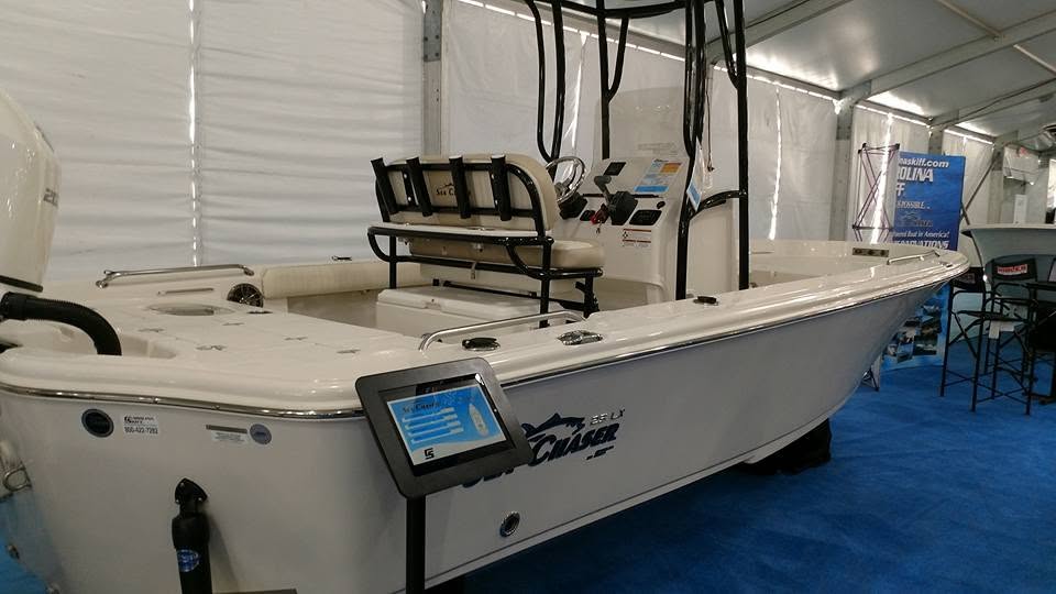 Custom tablet specification stand installed beside a Sea Chaser boat