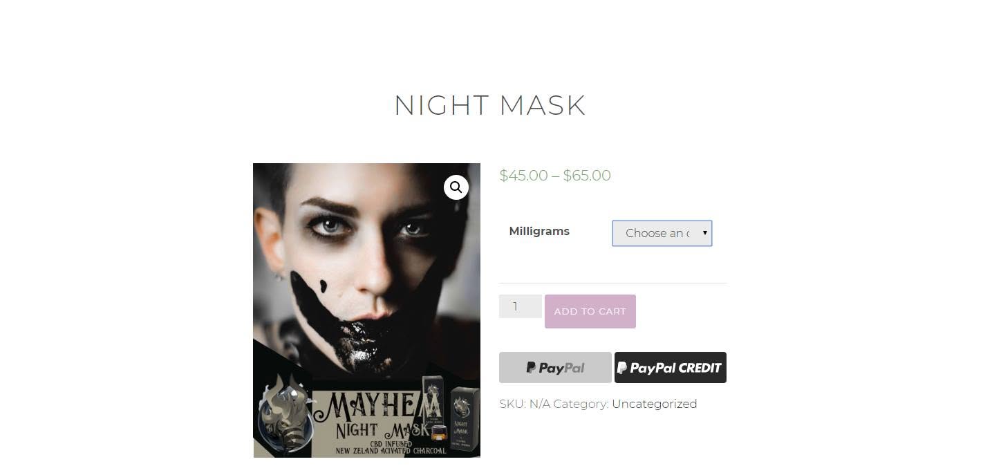 Mayhem Night Mask product page with price and purchase controls