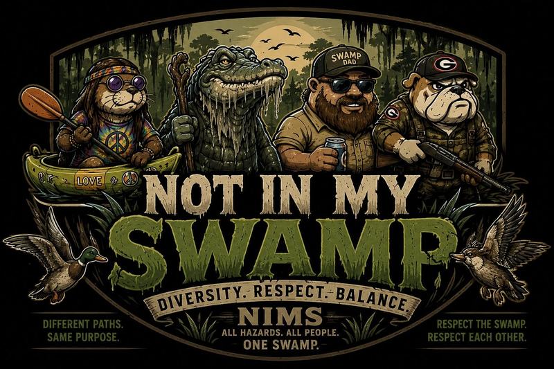 Not In My Swamp campaign artwork representing diverse people united around environmental protection