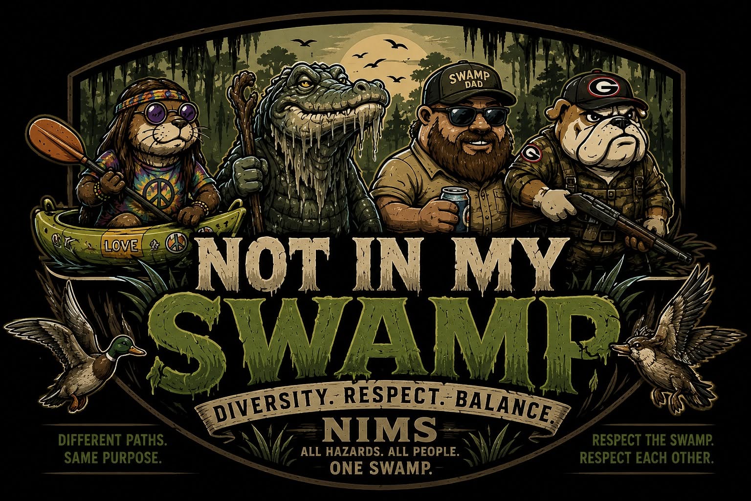 Not In My Swamp campaign artwork showing the NIMS community characters