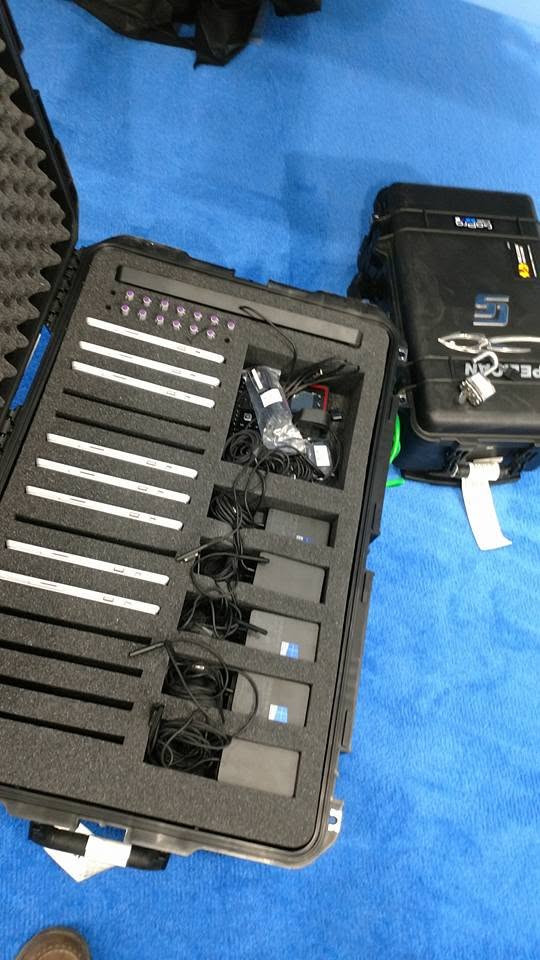 Flight case prepared with approximately twenty Surface Pro tablets and power supplies for a show