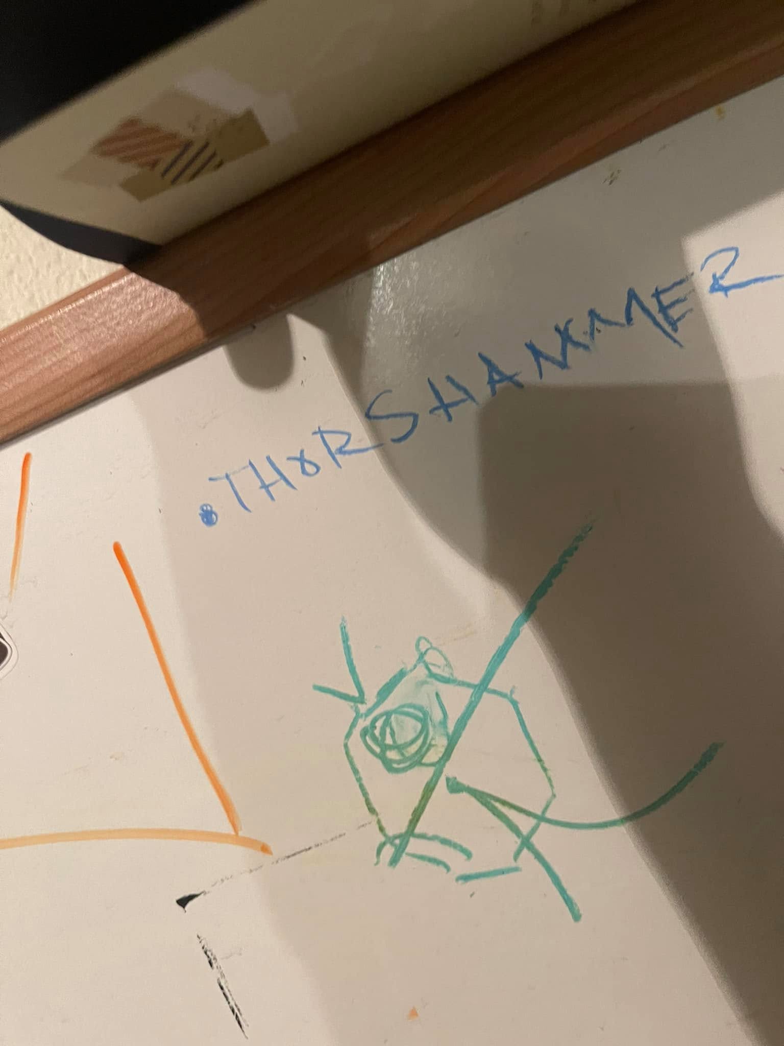 Early marker-board sketch labeled Thor's Hammer