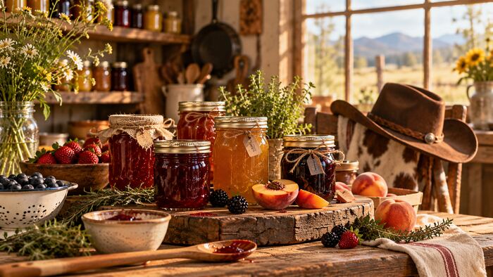 Artisan preserves and local pantry goods on a working market table