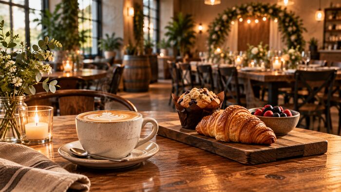 Coffee and fresh pastry in a warmly lit neighborhood coffeehouse