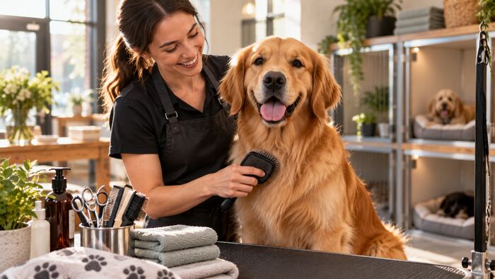 Dog receiving attentive care in a professional grooming studio