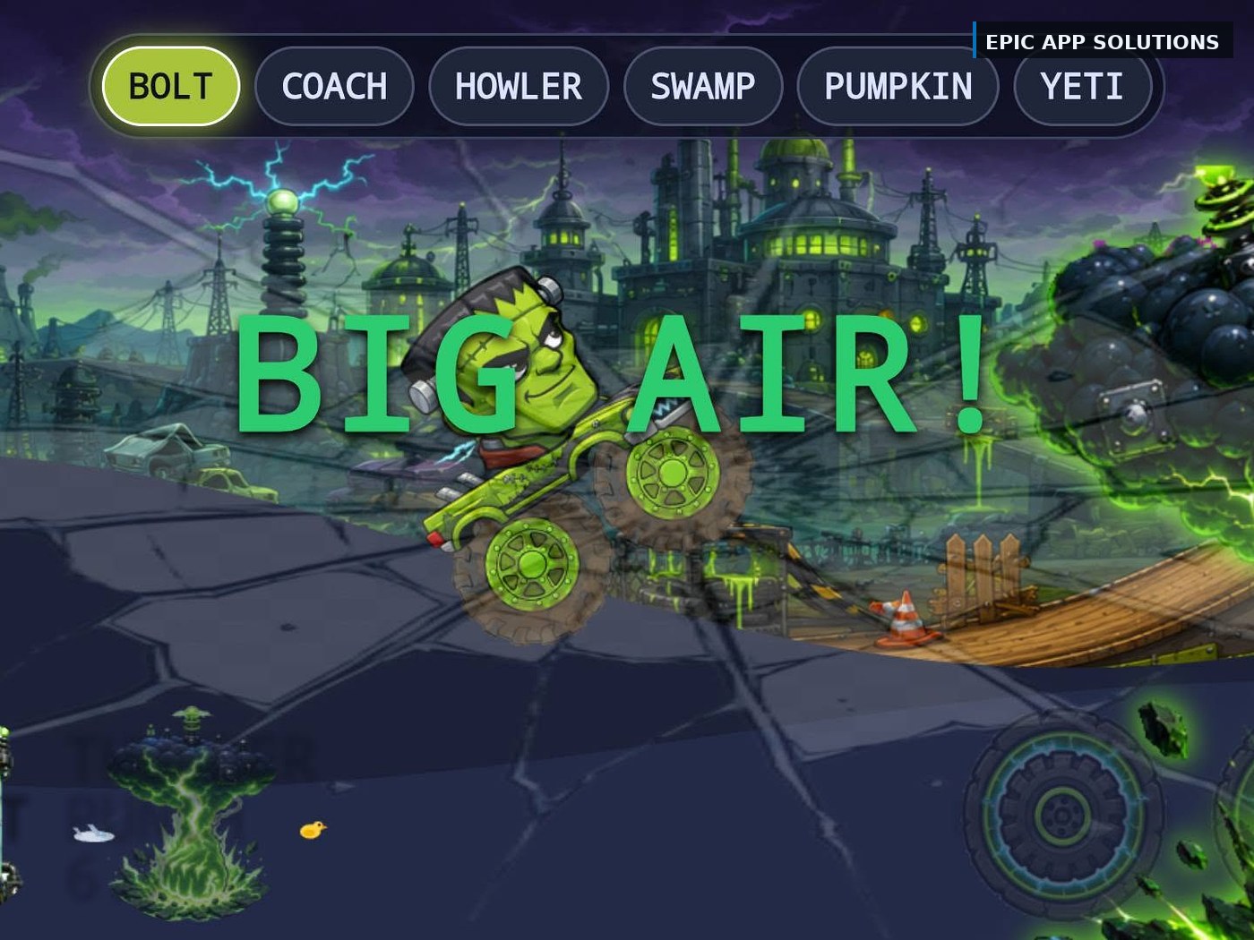 A shipped Epic App Solutions game screen with character select and live scene