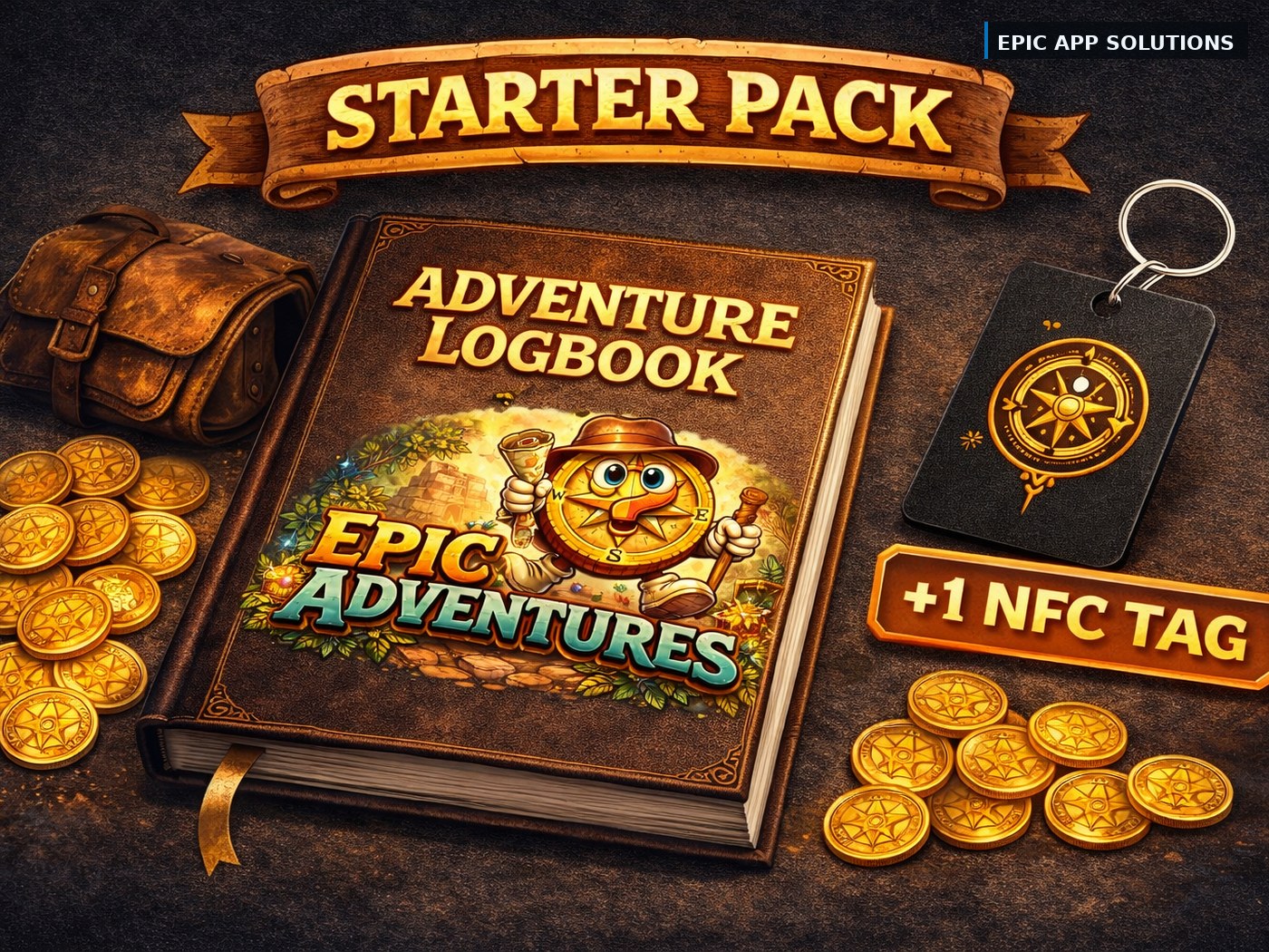 Epic Adventures starter pack - printed logbook, coins and an NFC tag that pairs to the app