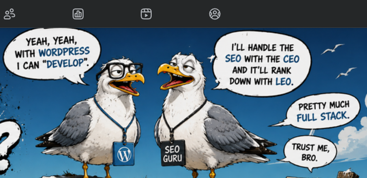 Satirical seagull illustration about WordPress, SEO and full-stack claims