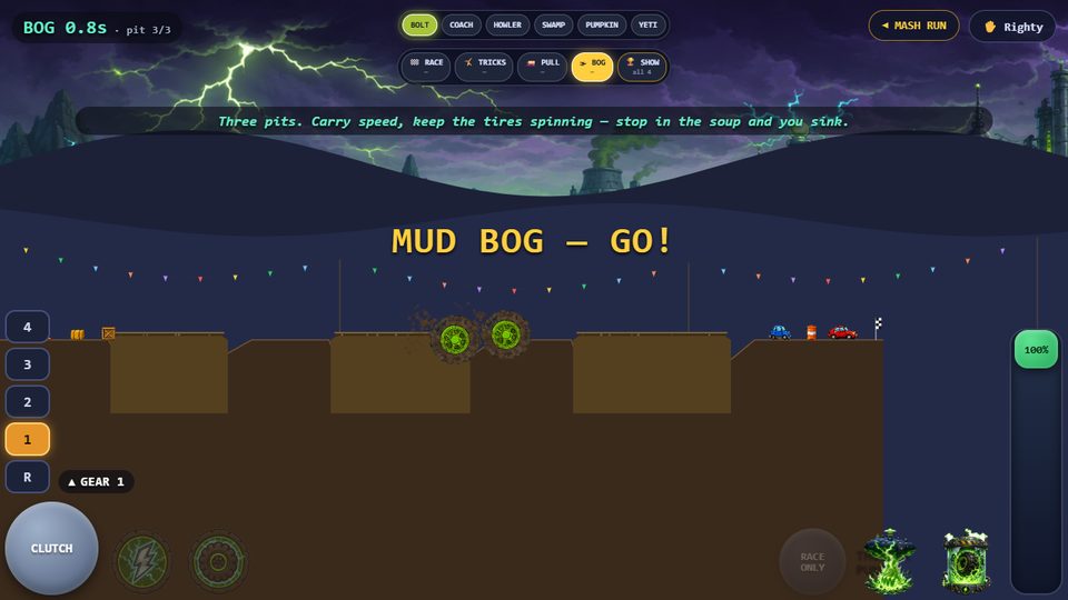 Monster Mash bog event — a truck slogging through the mud