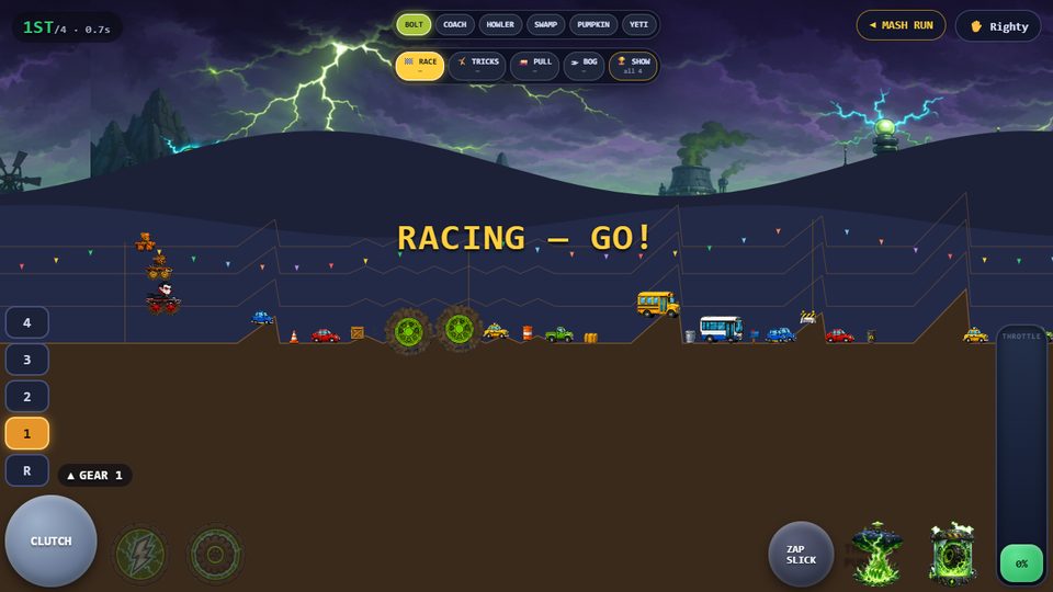 Monster Mash — trucks lined up at the start of a race under a lightning sky