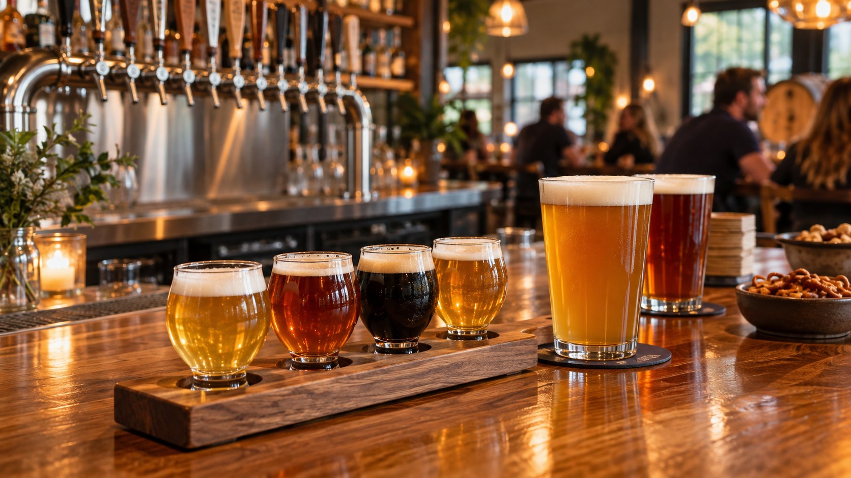 A flight of four craft beers plus two full pints on a taproom bar