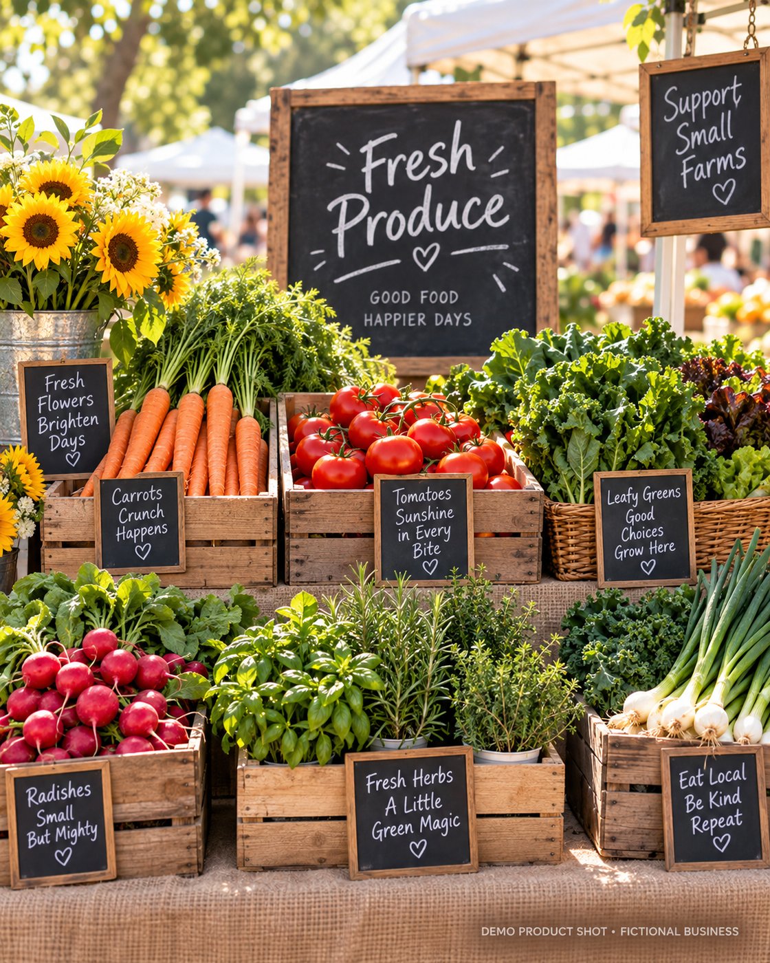 A wooden crate of farm-fresh vegetables labeled 'Farm Fresh' at a market stall