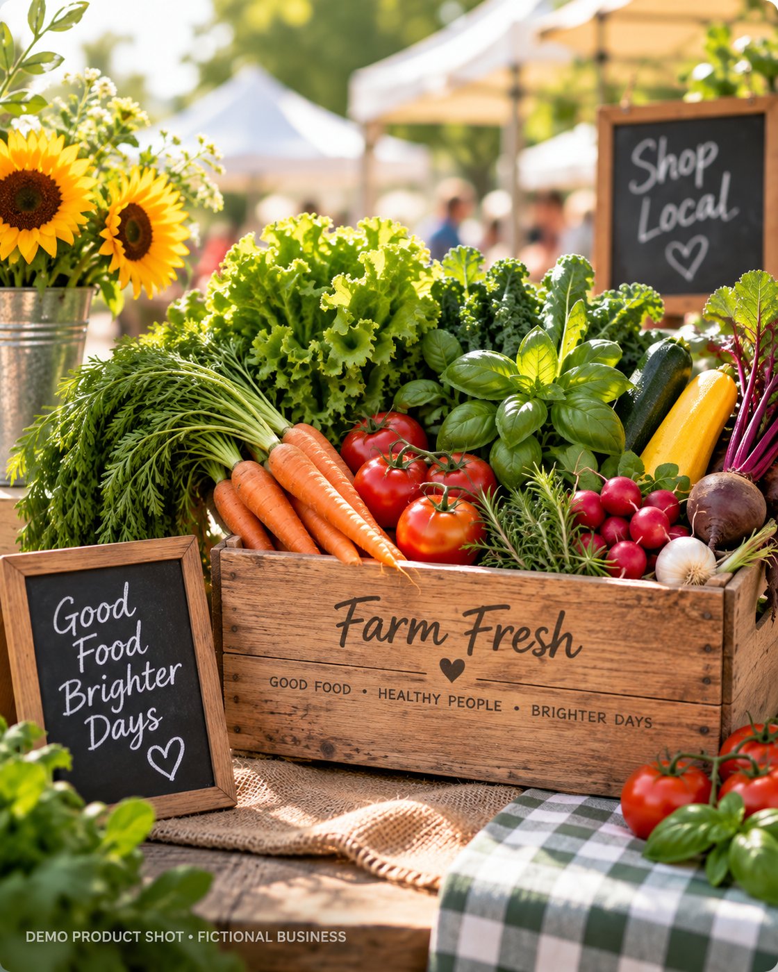 Fresh produce crate with a 'Shop Local' chalkboard sign at a farmers market