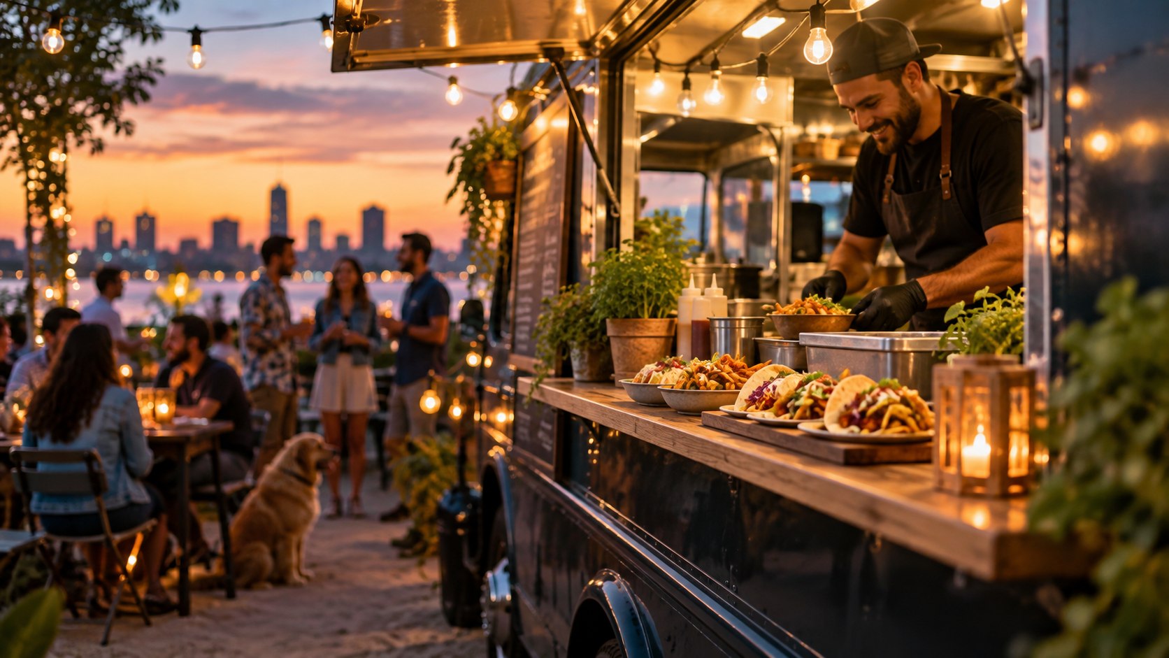 A food truck serving tacos at sunset with string lights and outdoor seating