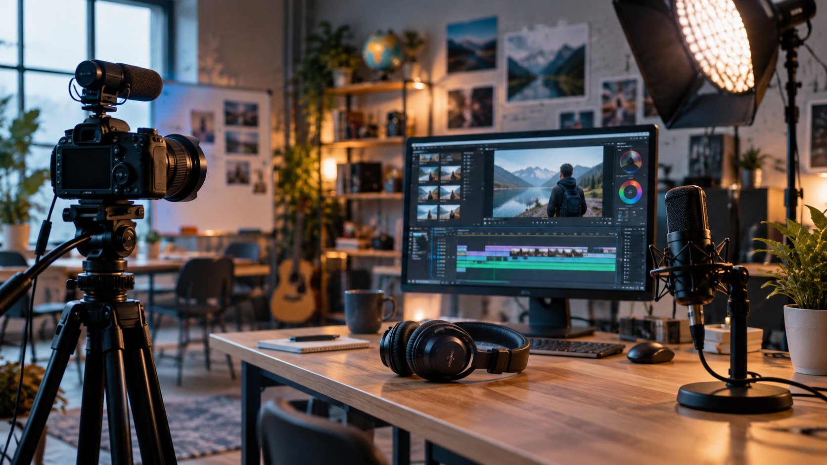 A video editing studio with a camera, monitor showing a timeline, and microphone