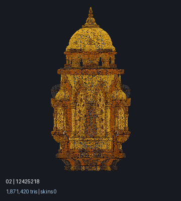 Building 12425218 as delivered: a dense, speckled point-cloud render of 1,871,420 triangles