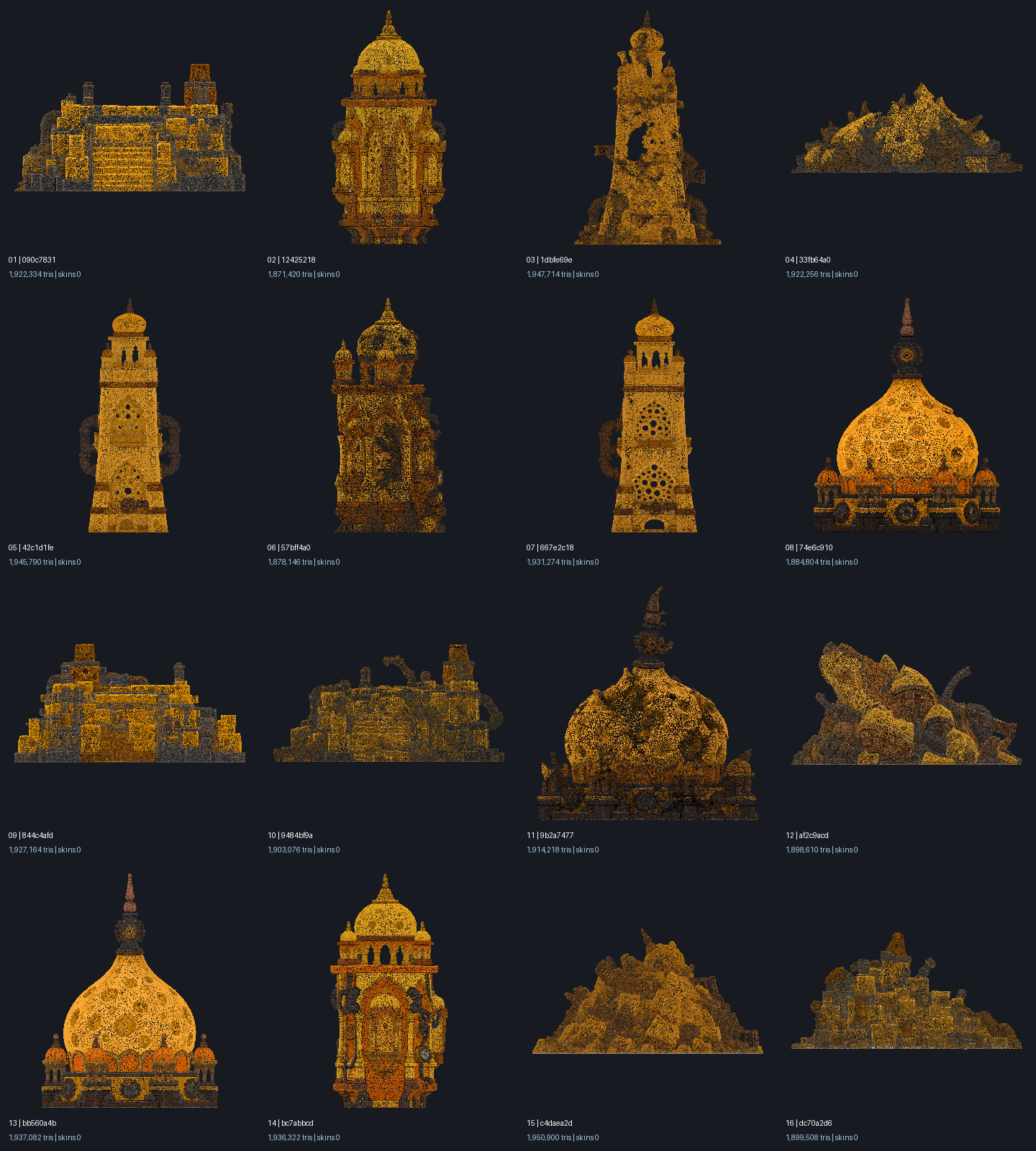 All sixteen source building scans, each around 1.9 million triangles