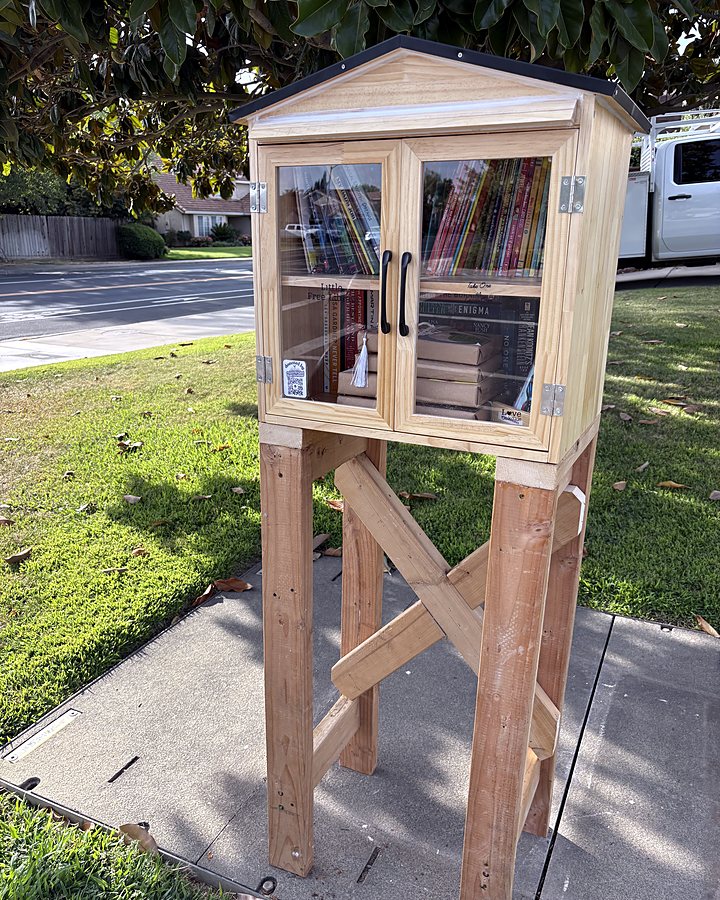 A little library box, stocked with books, on a residential street