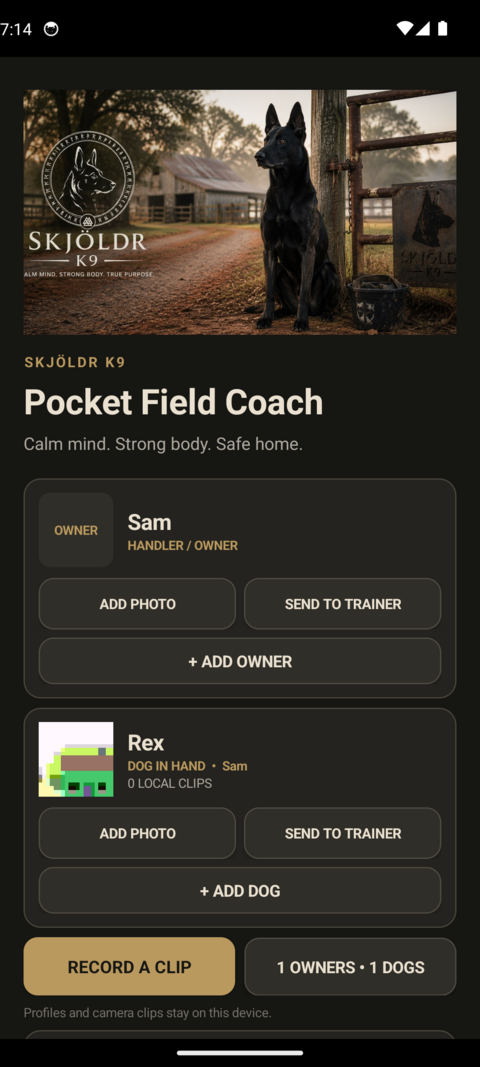 Home screen with handler and dog profiles
